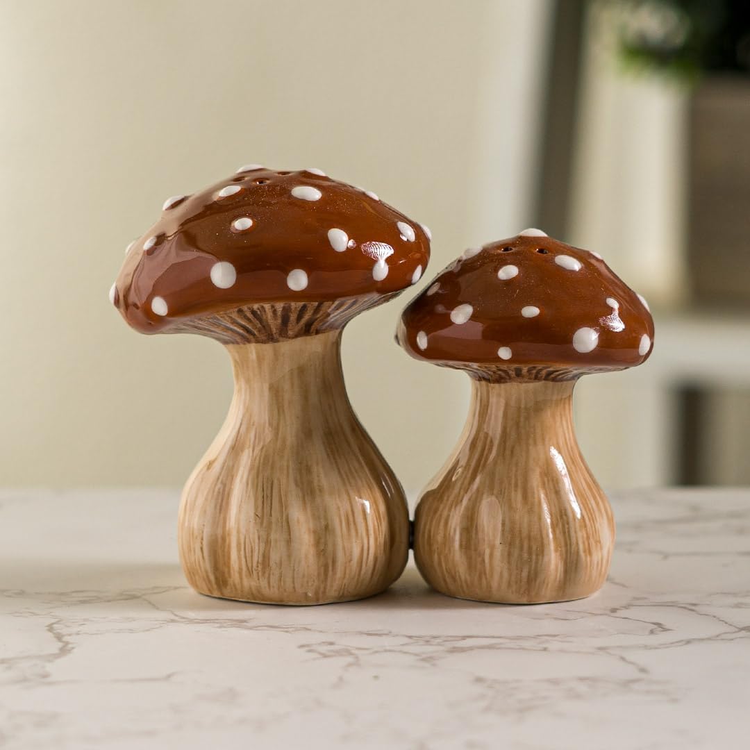 Ceramic Autumn Harvest Mushroom Salt and Pepper Shakers Set Hand-Painted Fall-Themed / Brown