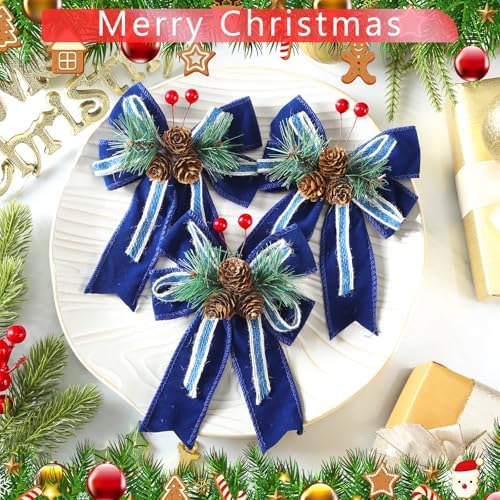 Moucuny 6 Pcs Christmas Velvet Bows Blue Plaid