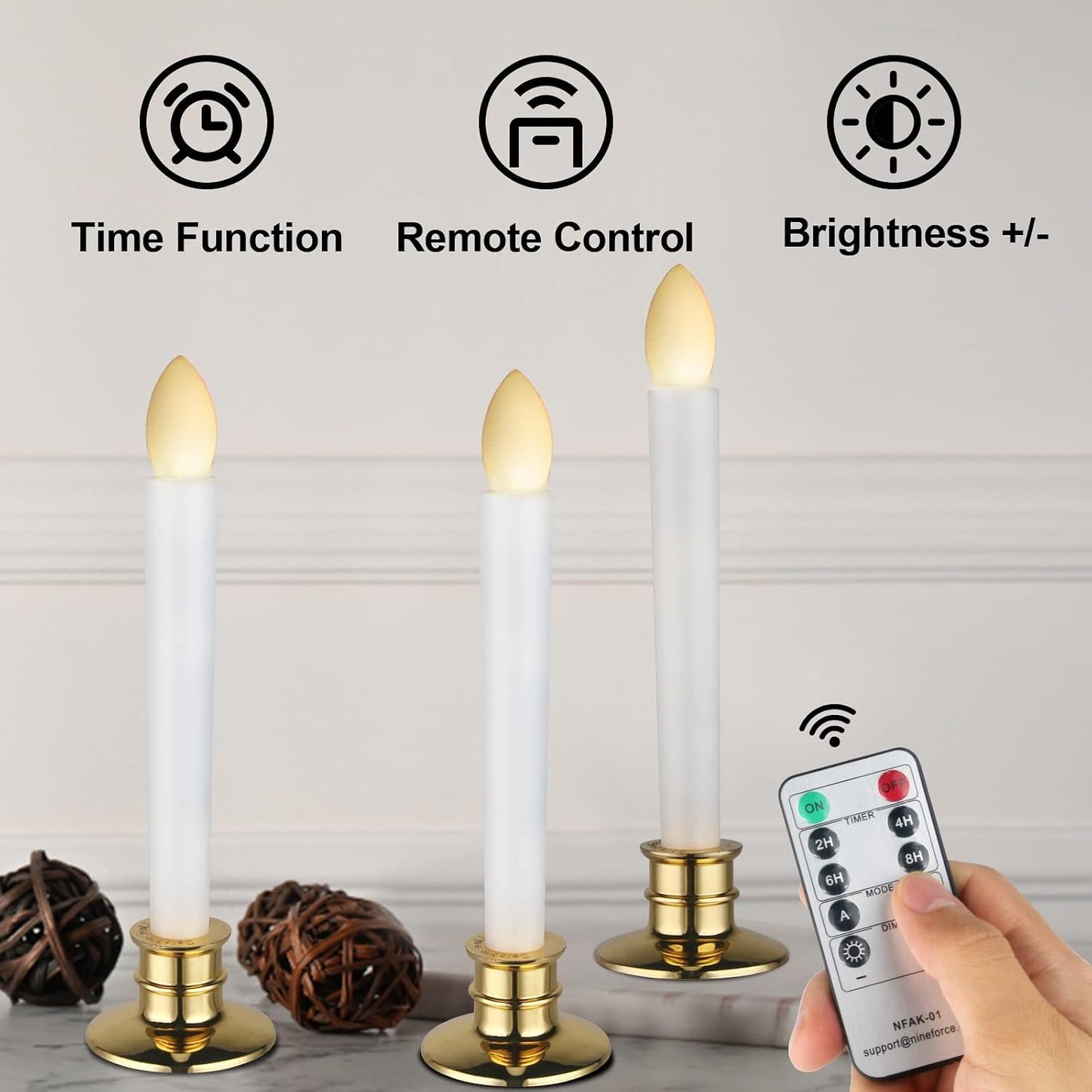 10 Pack Flameless LED Taper Candles with Remote & Timer – Battery Operated Flickering Window Candlesticks with Gold
