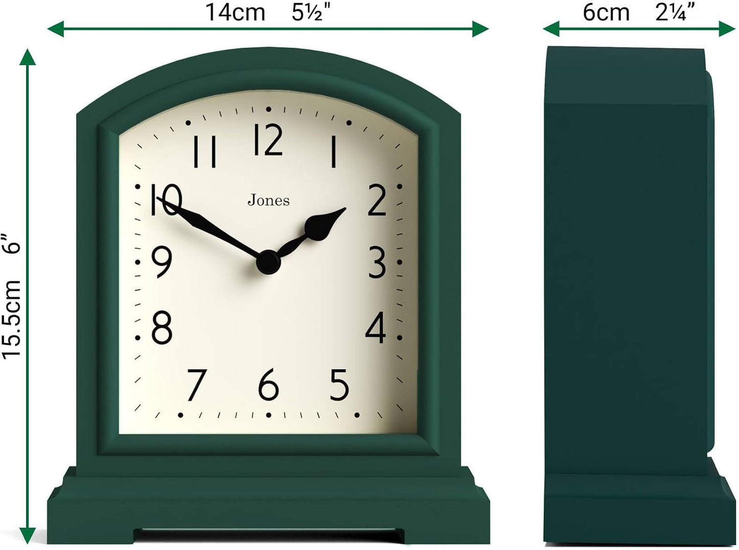 JONES CLOCKS® Tavern Mantel Clock | Modern Arch top Design | Dark Green | Contemporary Classic Style for Desk, Table