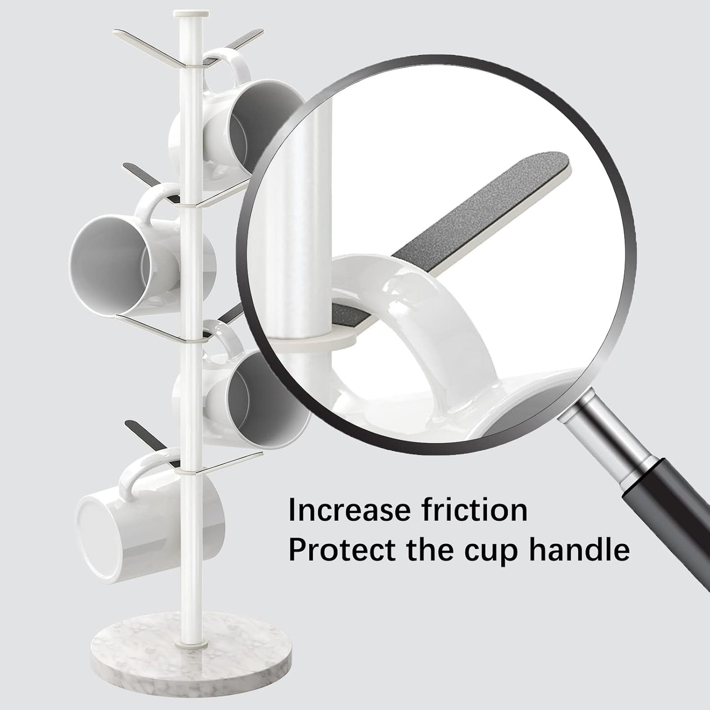 Gypie Mug Holder Tree Stand, Marble 8 Hooks Small Standard Cups, White | Free Standin, Stainless Steel Mug Rack for