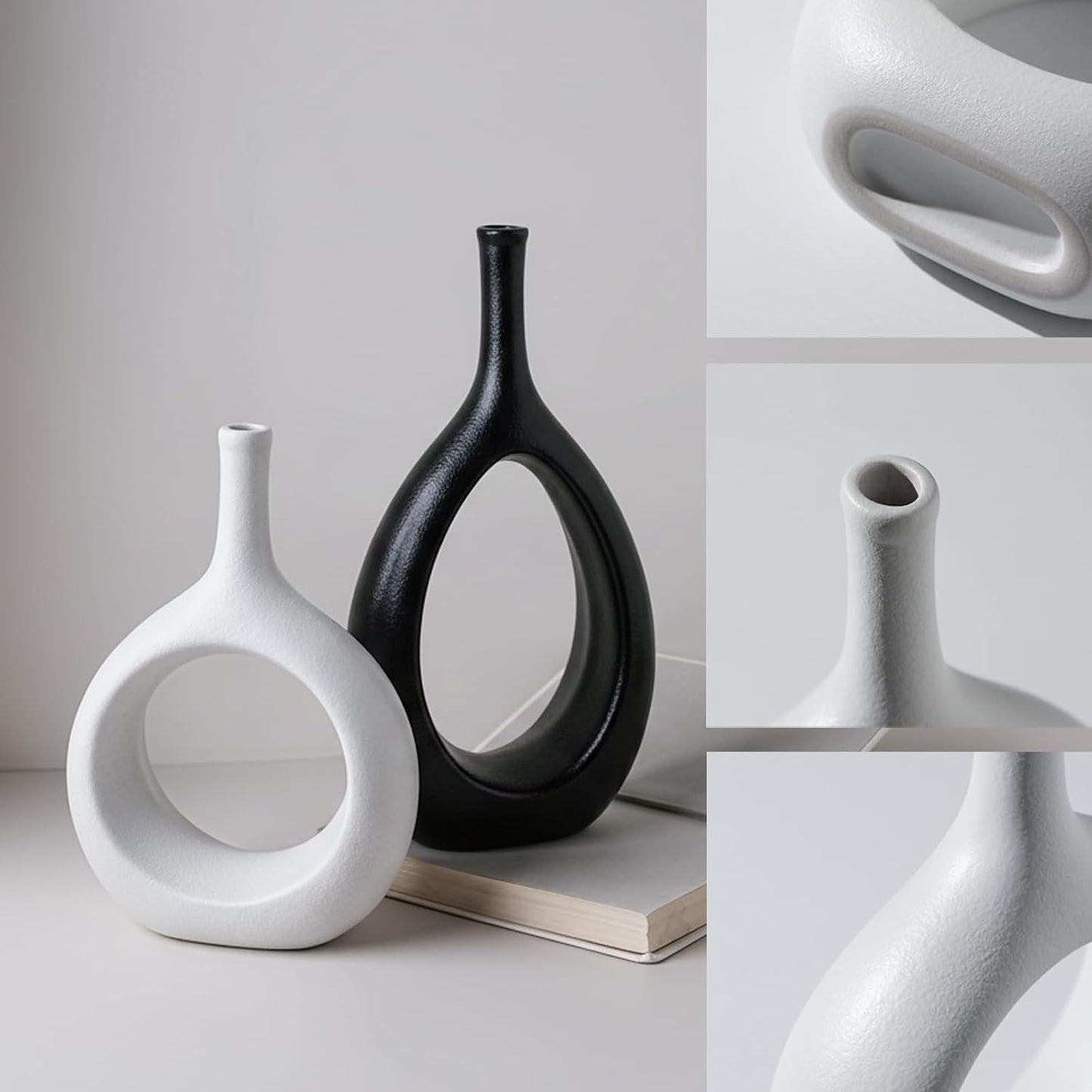 Ceramic Vase / Modern Minimalist Boho Hollow Flower Vases / White&black / Set of 2