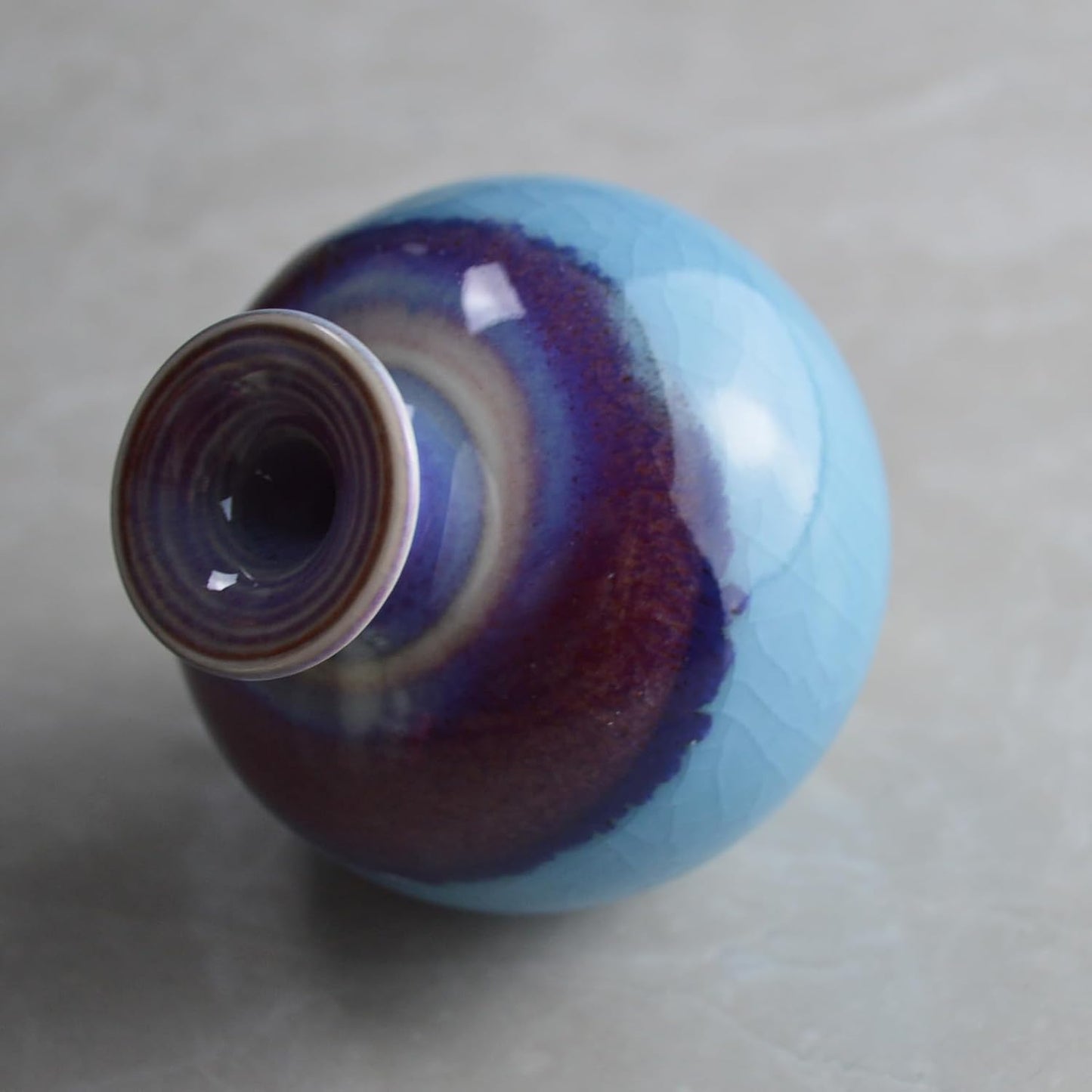 Handcrafted Drop Glaze Crackle Ice Pattern Porcelain Mini Tiny Round Bulbous / Fatball, Lake Blue