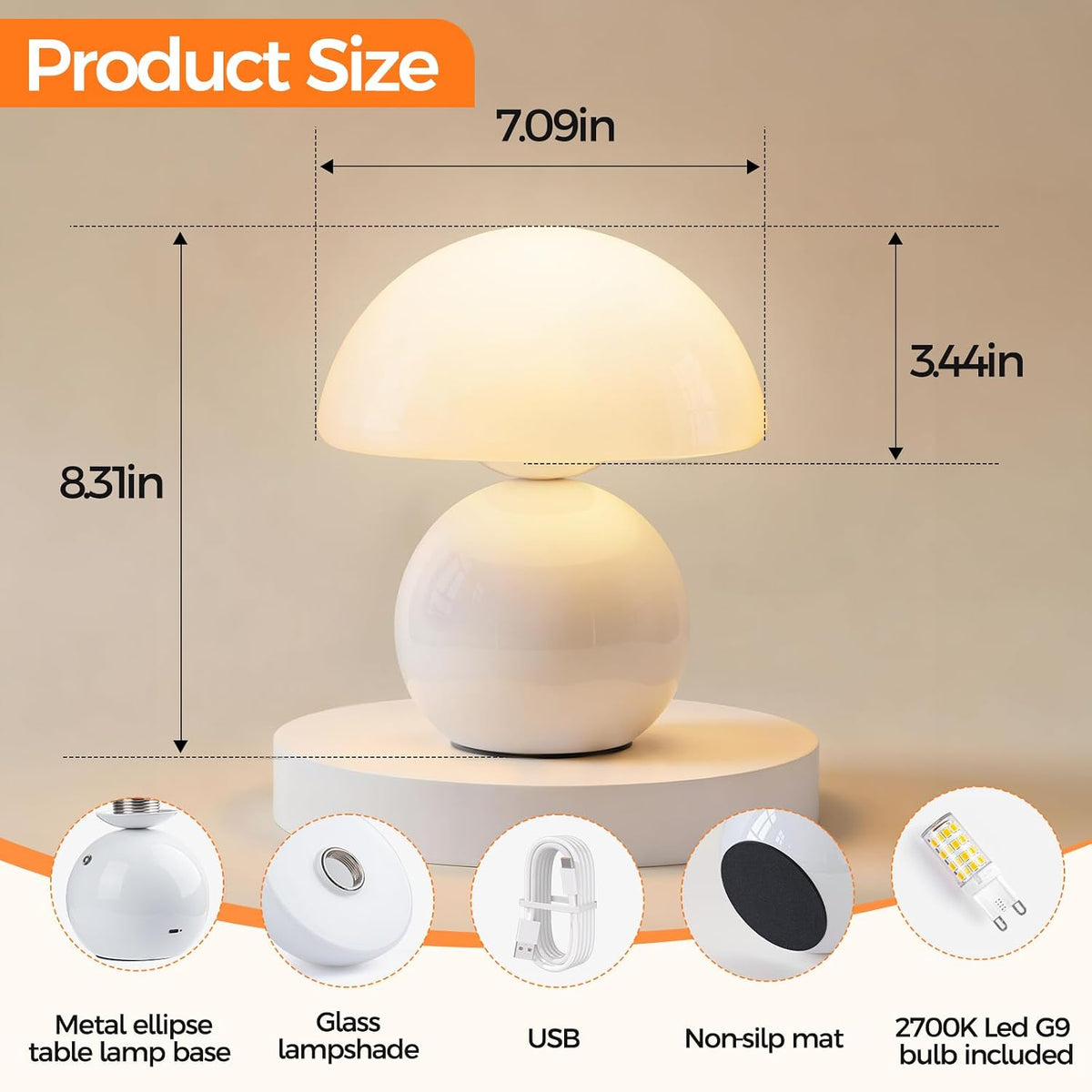 Wireless Mushroom Lamp,Table Lamp for Bedroom, Portables Cordless Lamps,Wireless lamp,Small Bedside Table Touch Lamps
