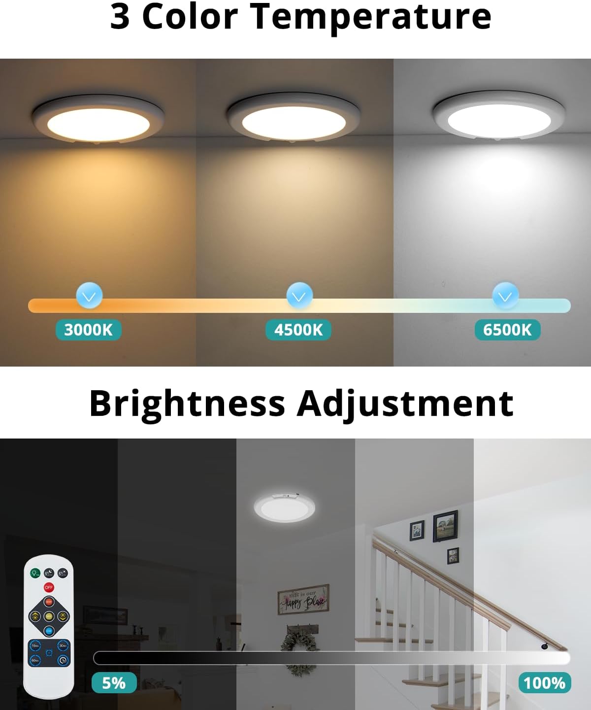 wowatt Rechargeable Ceiling Lights Battery Operated with Remote for Shower | Wireless Magnetic Ceiling light 7.48in
