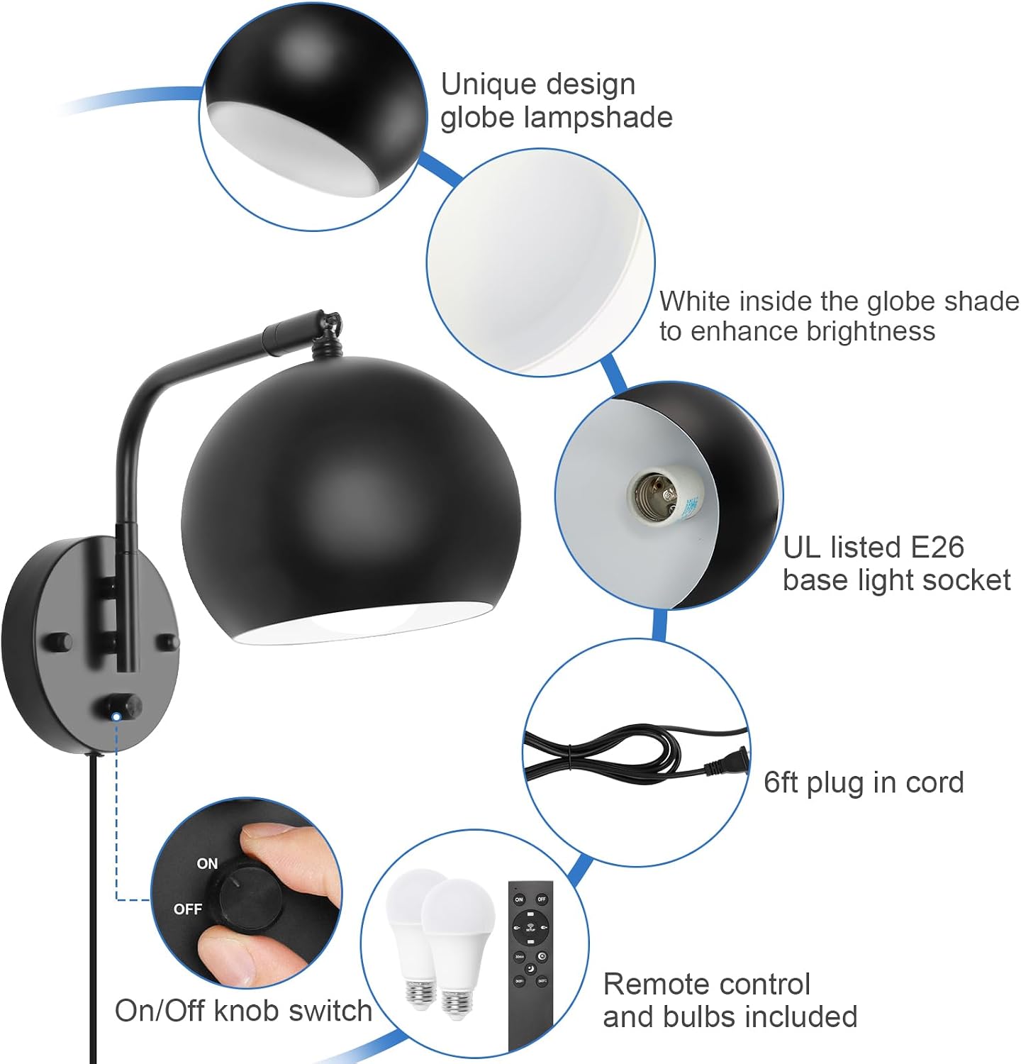 VATONI Wall Sconce with Remote Control, Dimmable Plug in Wall Sconces and Adjustable Color Temperature 2700K~6000K