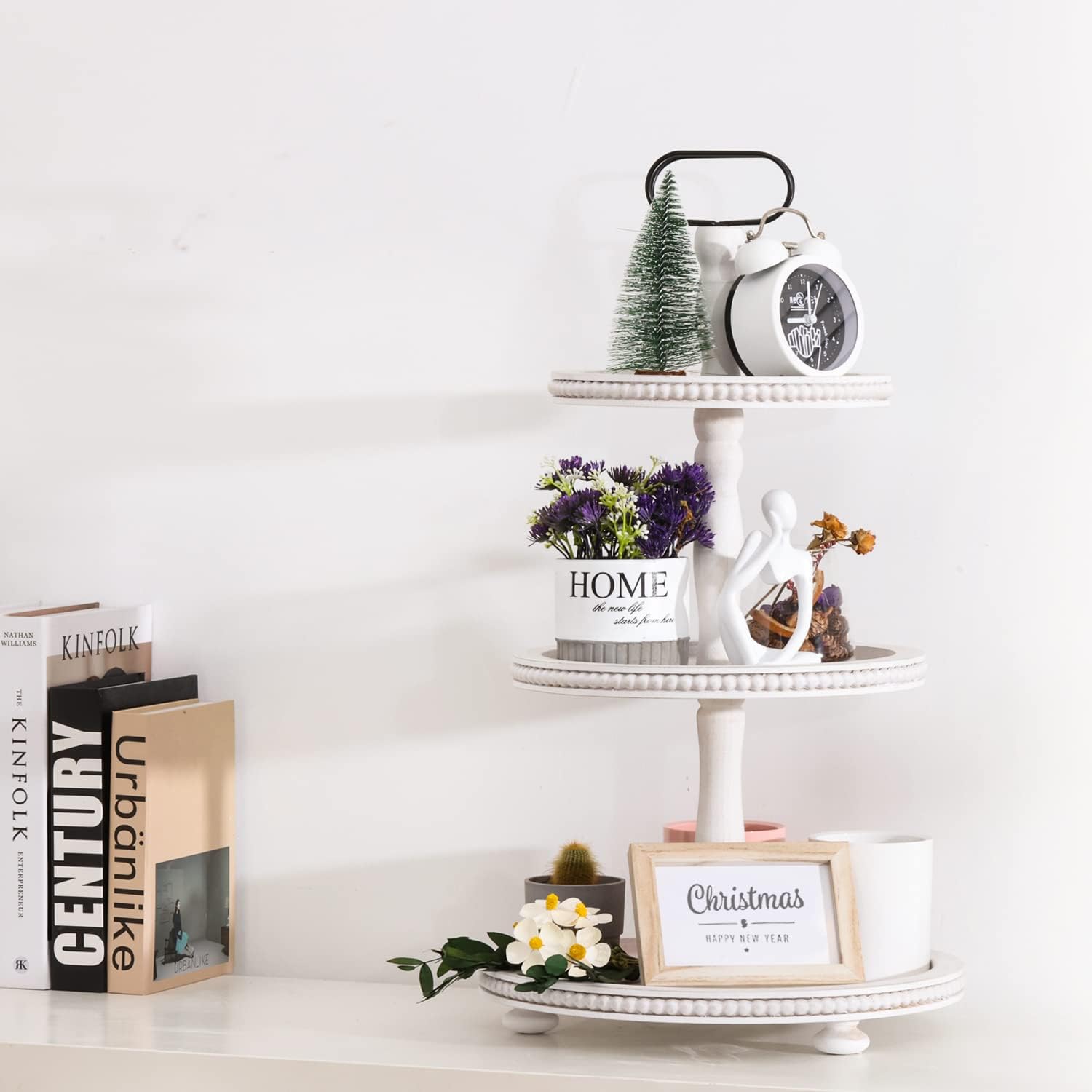 Urban Deco Wooden Tiered Tray 3-Tier Decorative Tray Stand Farmhouse Serving Tray, Round Wooden Cupcake Display Stand