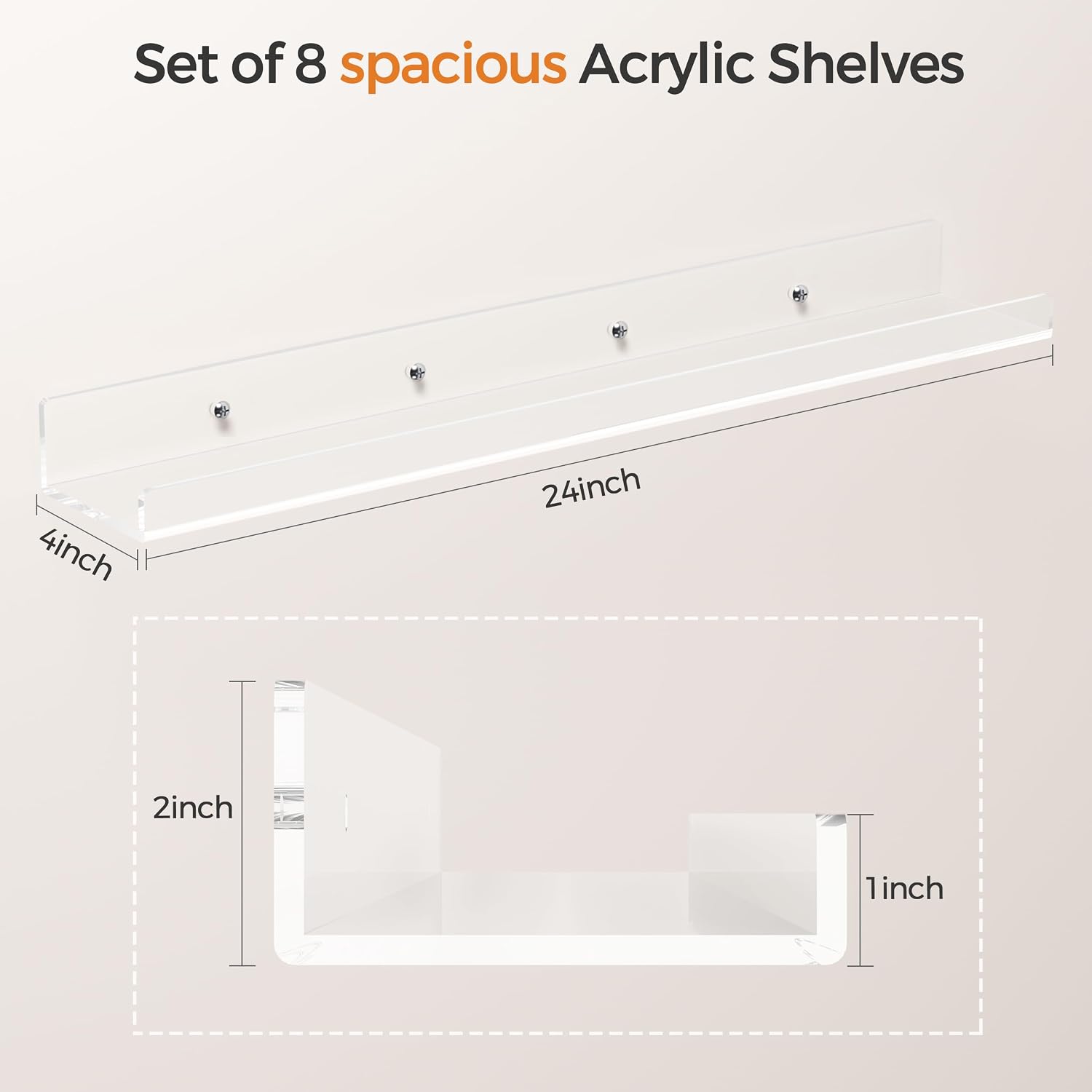 HBlife 24 Inches Floating Shelves Wall Mounted Clear Acrylic Shelves for Figures, Invisible Floating Bookshelf for Kids