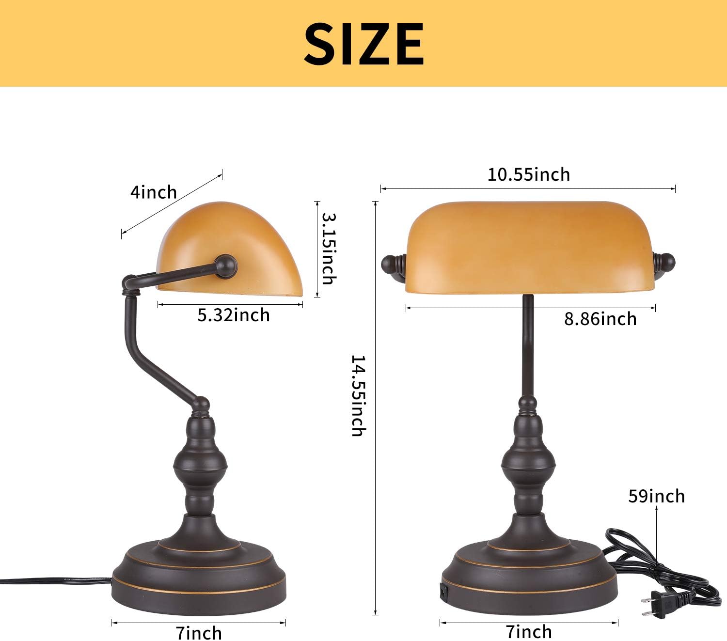 Banker Desk Lamp Touch Control, Oil Rubbed Bronze | 3 Way Dimmable Banker's Desk Lamp, USB-A Port, Amber Glass Shade