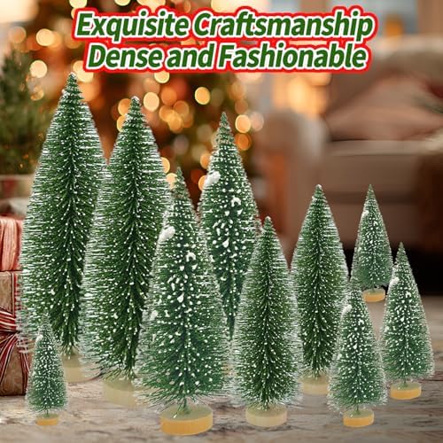 Yahpetes Christmas Trees 10 Pcs Bottle Brush Christmas Trees 5 Size Artificial Christmas Sisal Snow Frost Trees Pine Trees with Wood Base for Tabletop Christmas Party Home Indoor Decor (Dark Green)