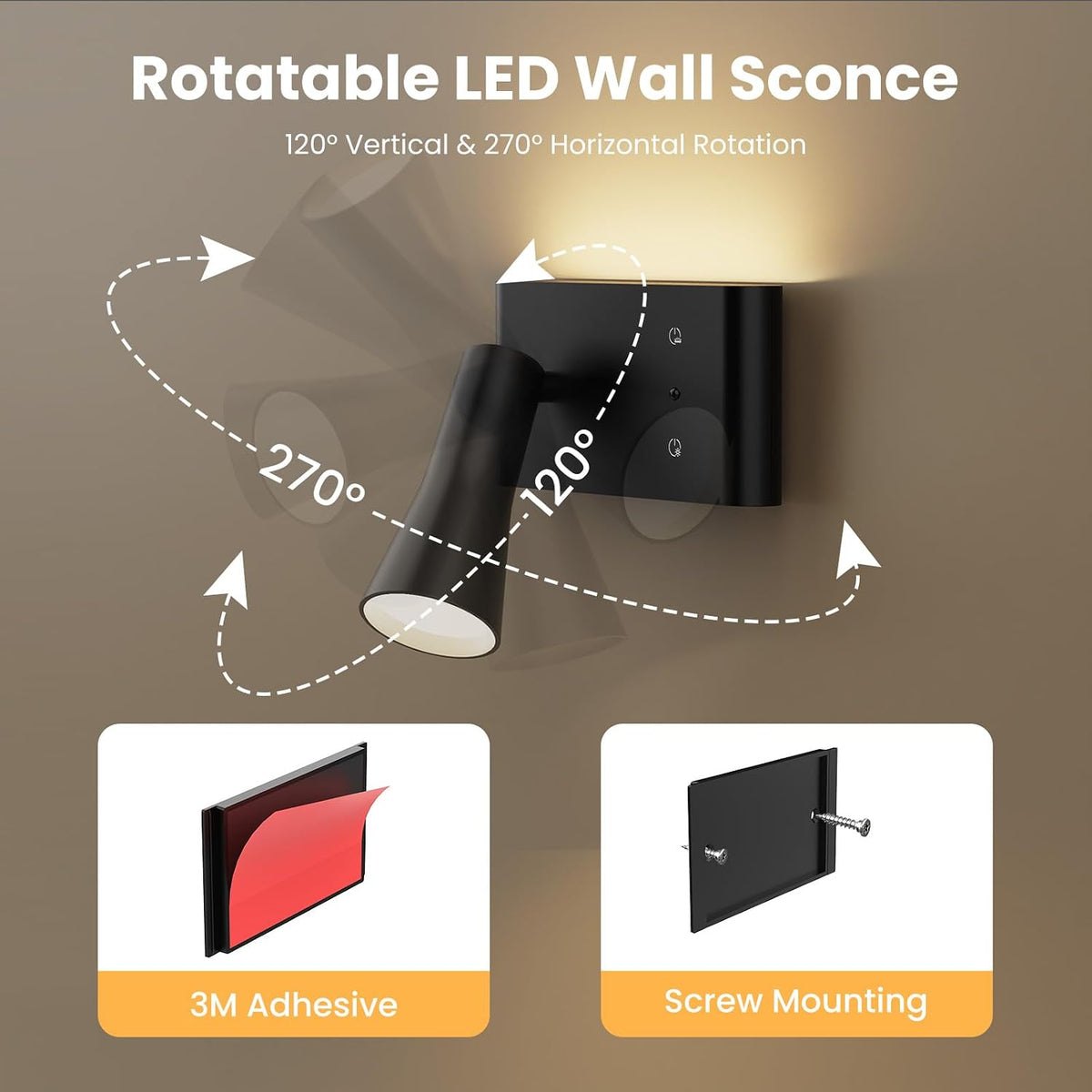 Wall Sconce Battery Operated Reading Lights, 10000mAh Rechargeable Wireless LED Wall Lights, 3 Color Temperatures