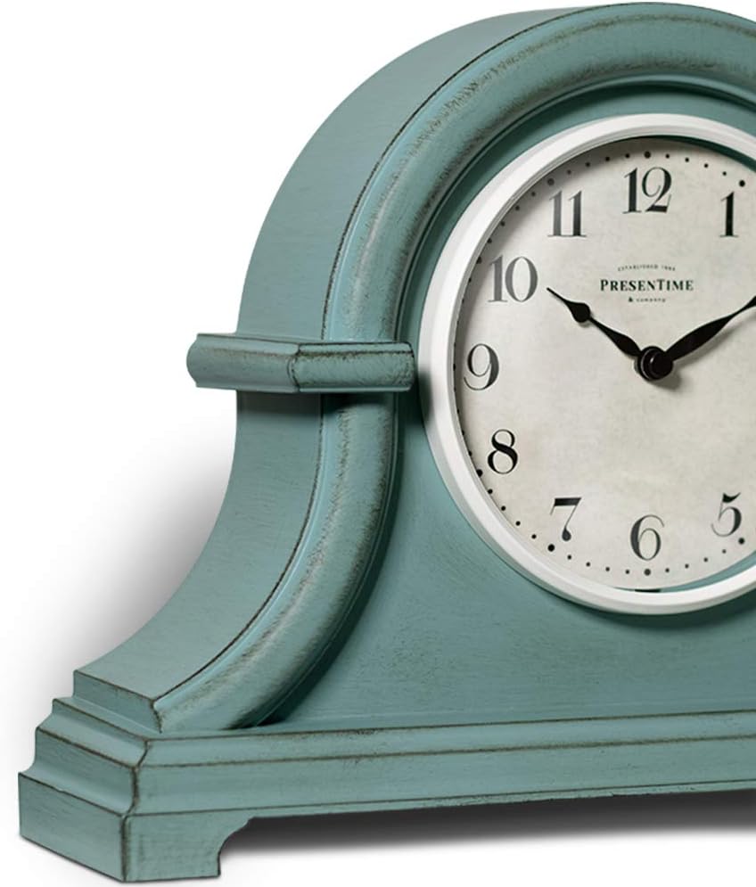 Napoleon Mantel, Desk & Shelf Clock, Vintage | 13 x 10 inch, Domed Lens, Quartz Movement, ABS Plastic Case, Aged Teal