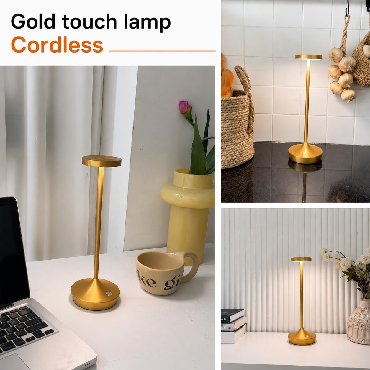 2 Pack Gold Cordless Table Lamps, Rechargeable 6000mAh, 72H Runtime | Stepless Touch Dimming with 3 Color Modes &