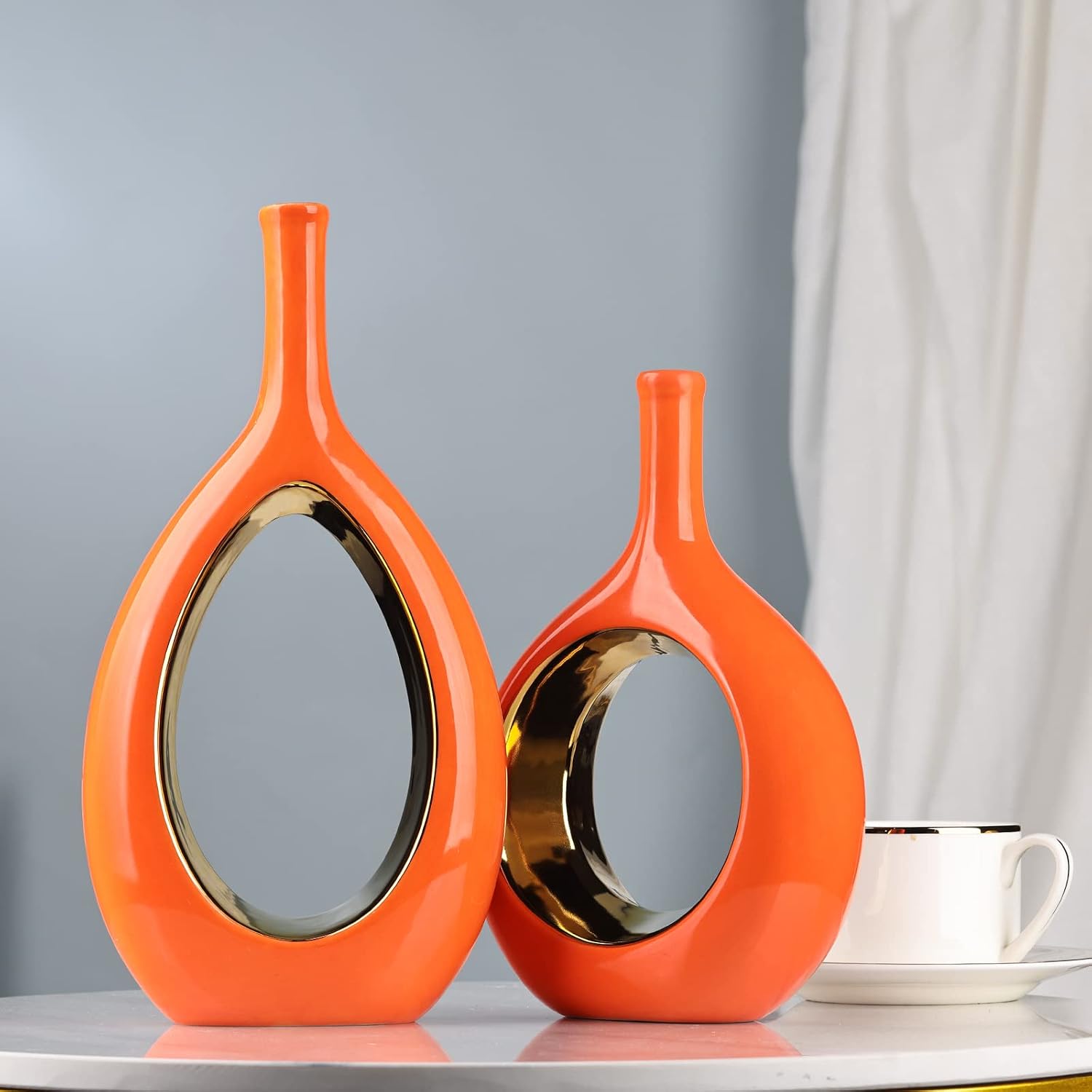 Modern Vases / Ceramic Orange and Gold Vase / Orange Gold / Set of 2