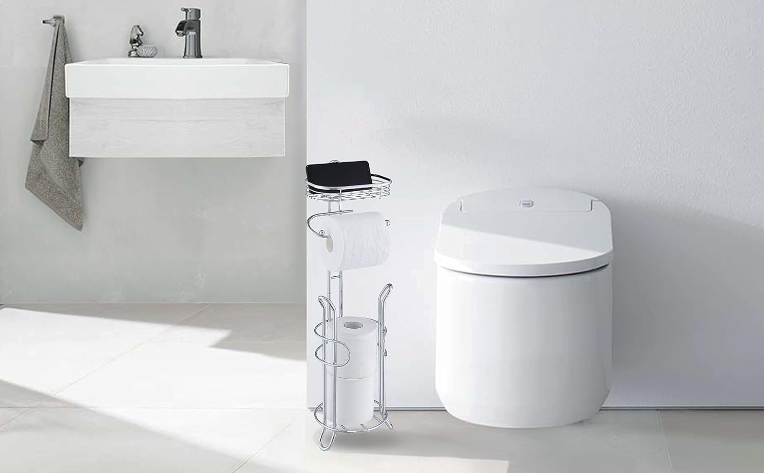 SunnyPoint Bathroom Heavyweight Toilet Tissue Paper Roll Storage Holder Stand with Reserve and Shelve, The Reserve Area