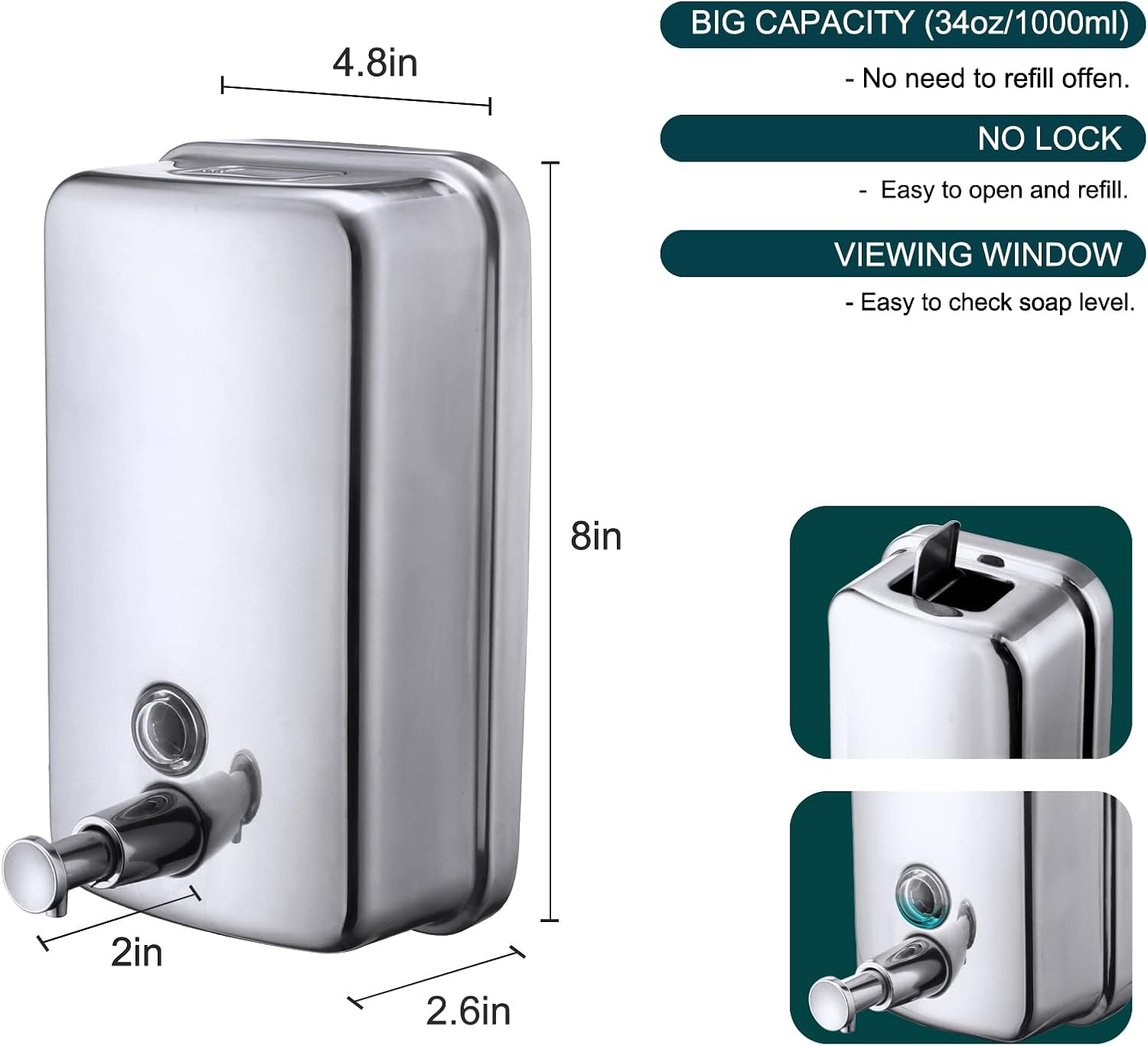 Commercial Soap Dispenser Wall Mount Stainless Steel, 34 fl.oz. | 1000ml Manual Liquid Pump Rust-Proof Leak Free for