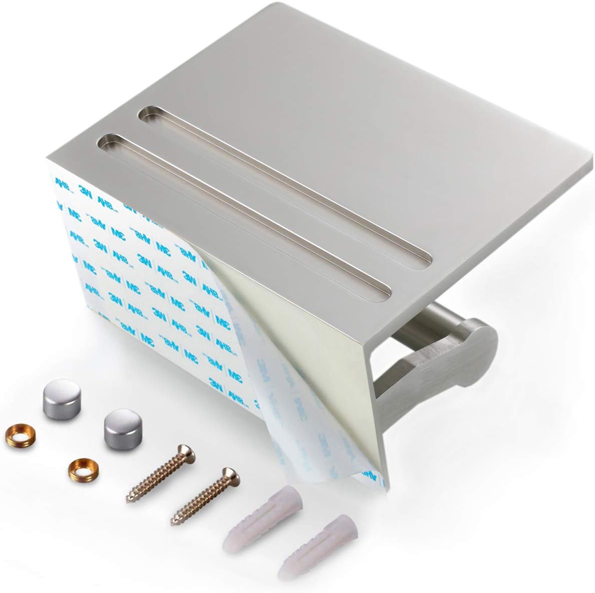Toilet Paper Holder with Shelf, Aluminum Tissue Roll Holder with Mobile Phone Storage Shelf for Modern Bathroom, 3M