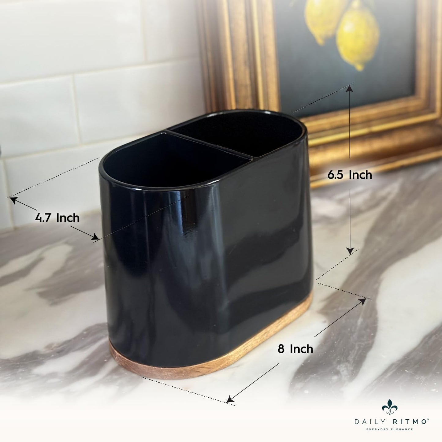 DAILY RITMO® Black Large Oval Utensil Holder with Bamboo Base and Divider