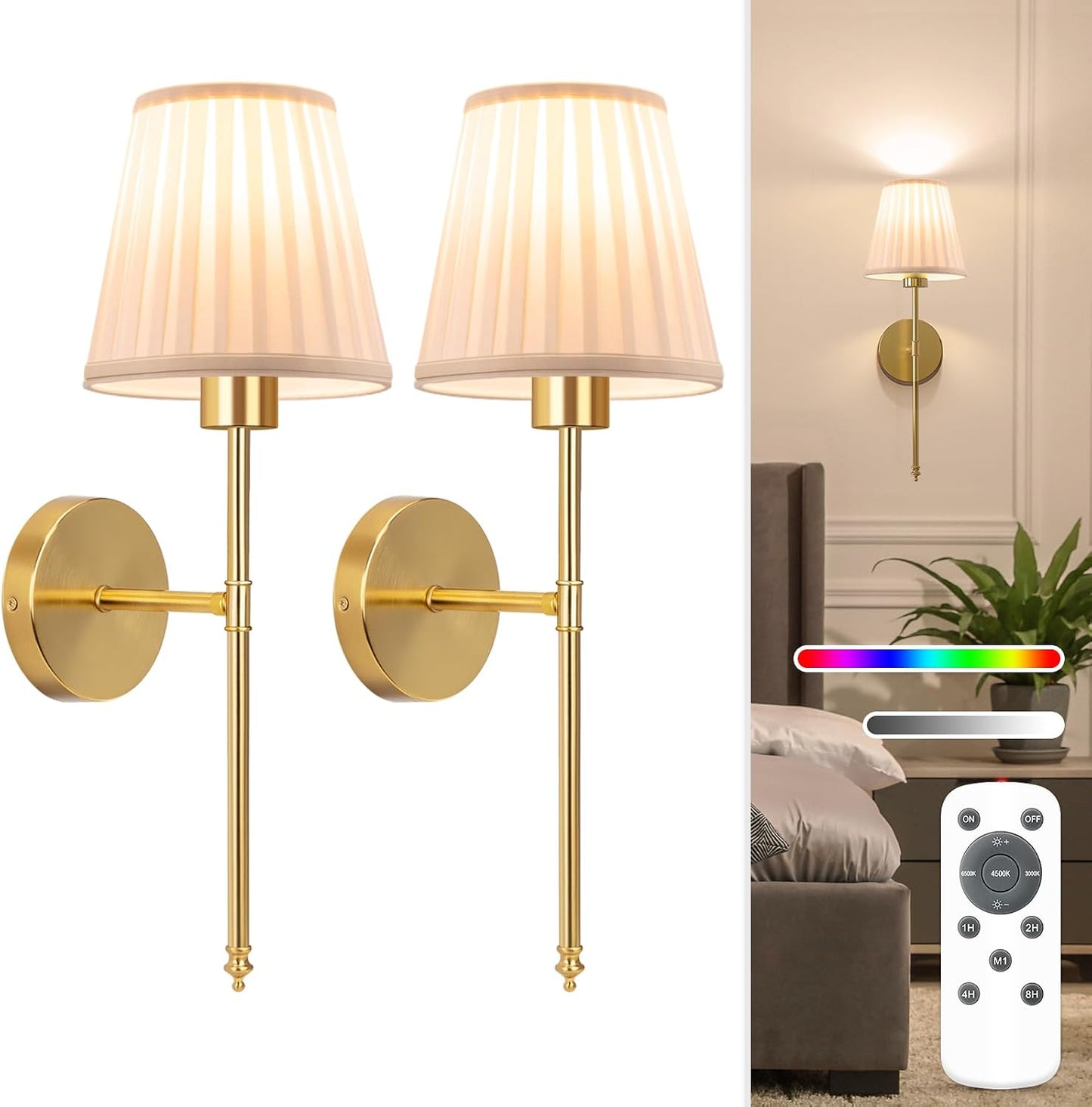 NIORSUN 19.9 inch Battery Operated Wall Sconce Set of 2,Beige Gold Rechargeable Wall Lights with 10400mAh Dimmable