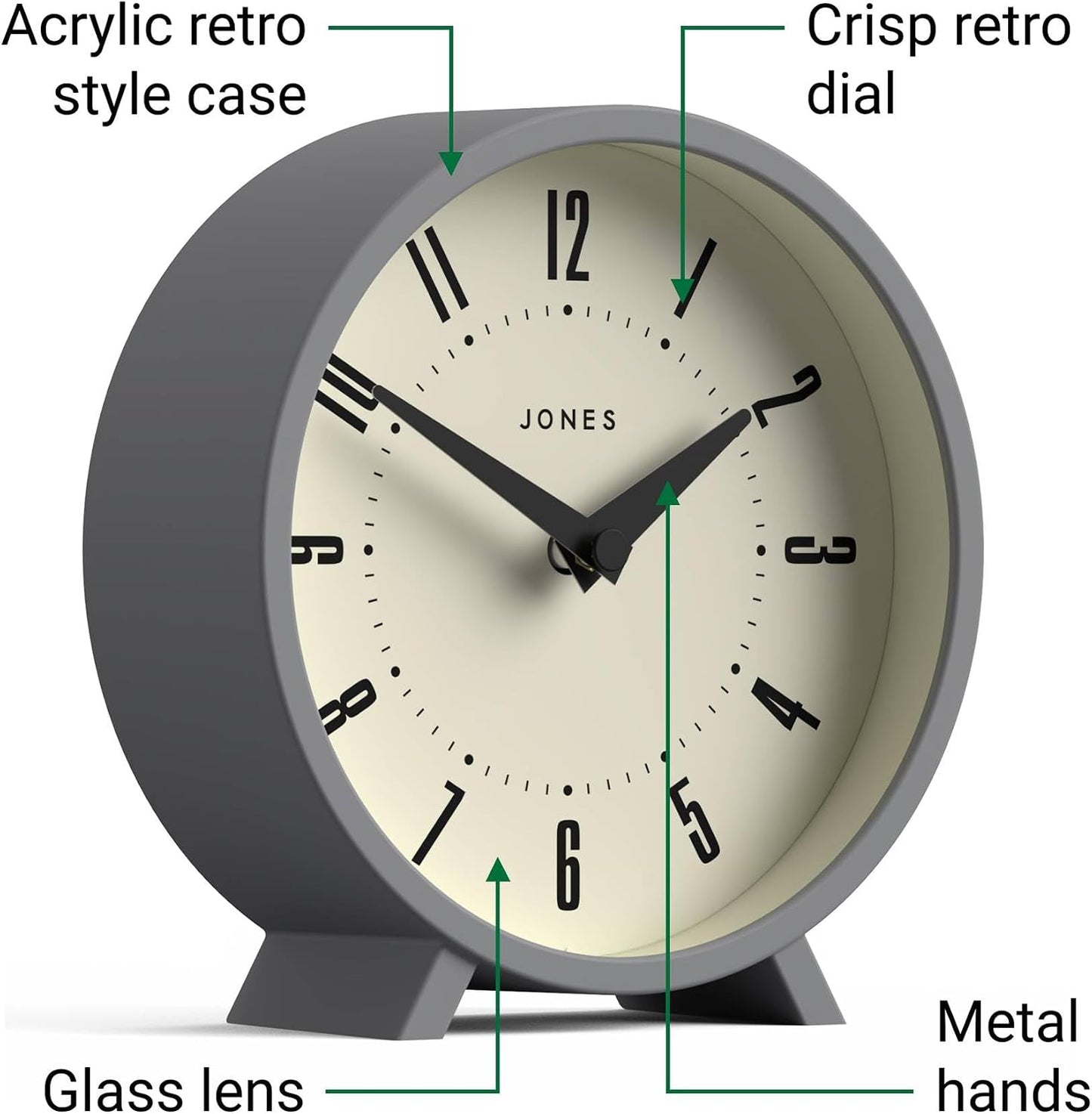 JONES CLOCKS® Venus Desk Clock | Modern Round Design | Gray | Stylish Retro Look for Shelf, Table, Mantel or Bedside