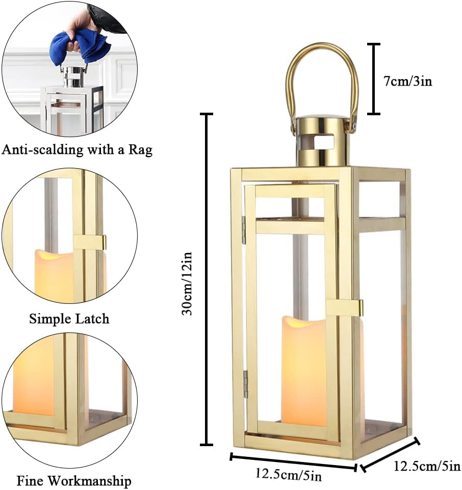 TRIROCKS Stainless Steel Decorative Lantern 12'' High Metal Candle Holder Outdoor Candle Lantern with Tempered Glass