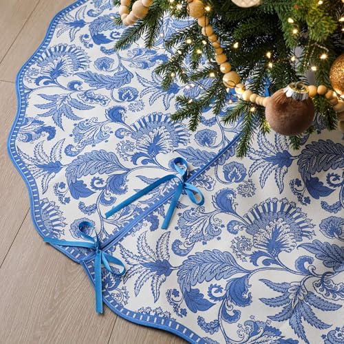 Soaoo 48'' Blue White Christmas Tree Skirt Chinoiserie Floral Tree Skirt