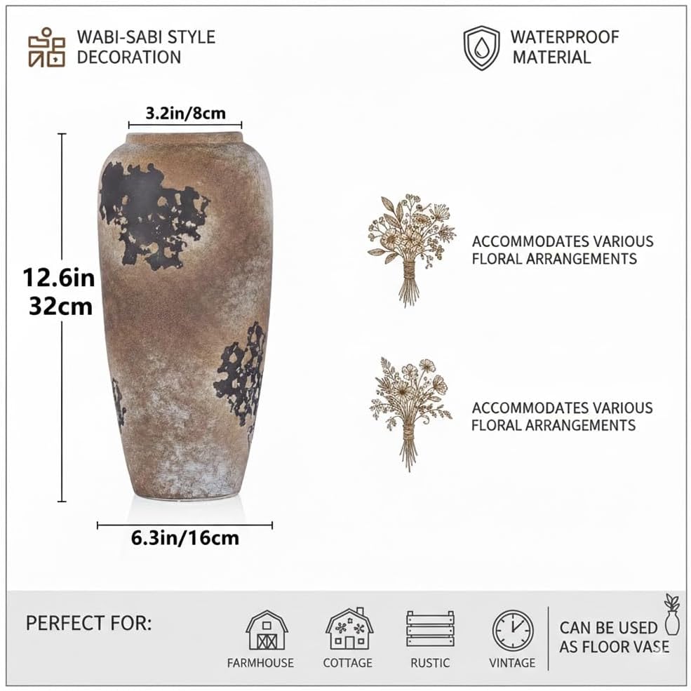 Large Rustic Ceramic Vase / Brown / 12.6 Inch