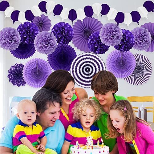 Party Decorations, Purple Papar Fans Pompoms Garlands for Women Girls Mothers Day Bachelorette Wedding Birthday Baby Showers Valentine's Day Party Decorations