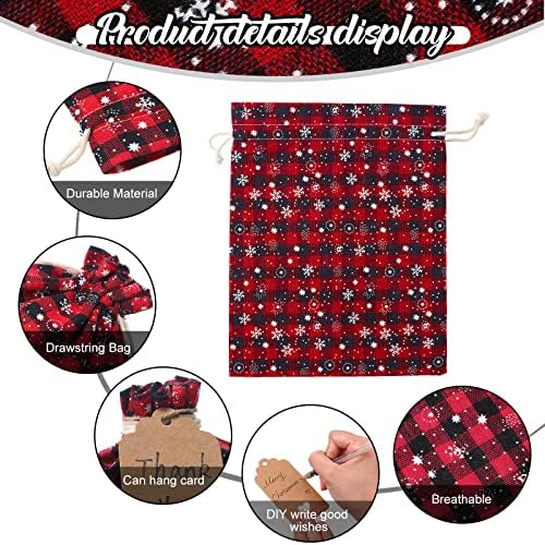 Shappy 24 Pcs Christmas Drawstring Gift Bags Xmas Buffalo Plaid Burlap Advent Bags 10 x 8 Inches Linen Treat Candy Bag with 32.8 ft Rope 24 Card(Black Red Snowflake)