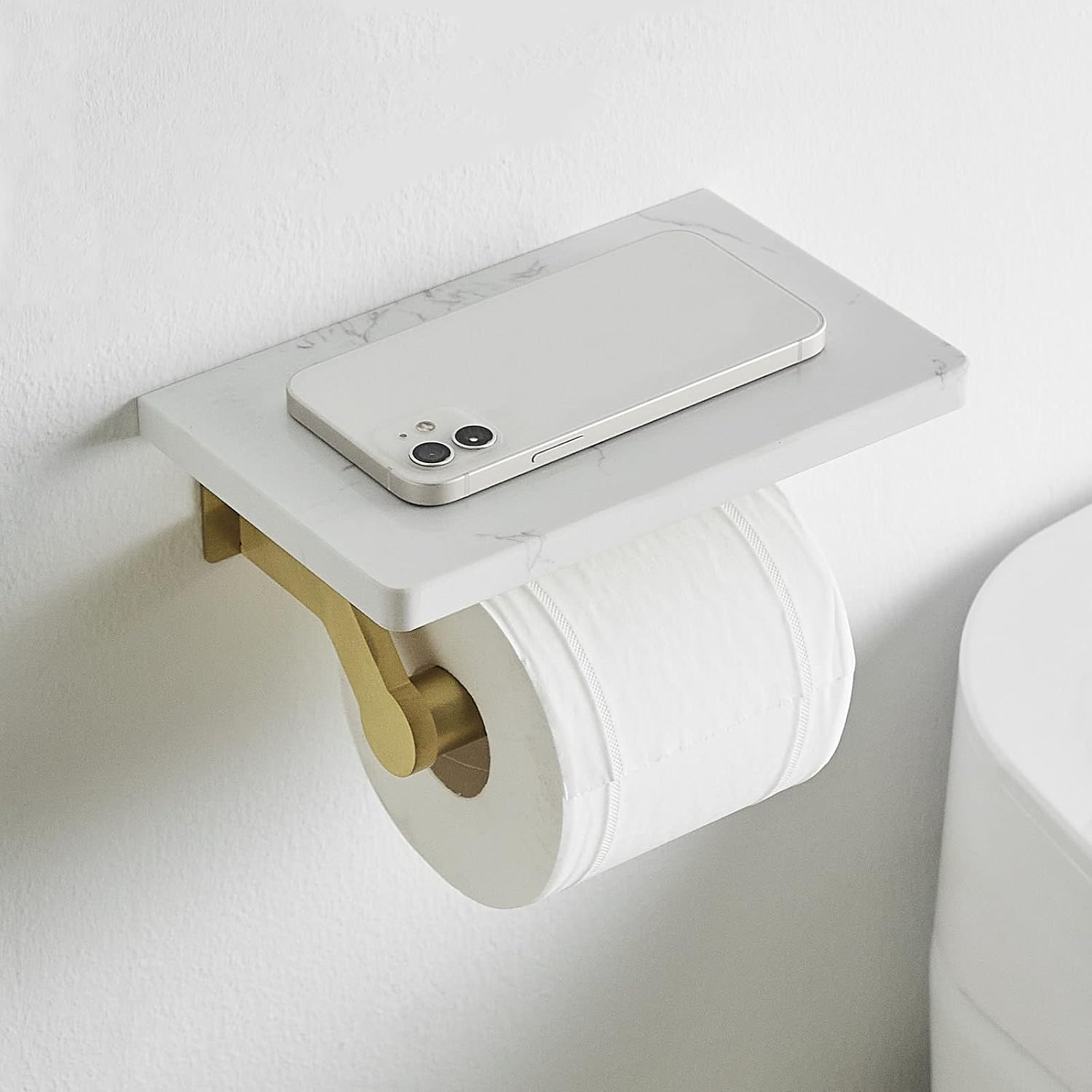 Hoimpro Toilet Paper Holder with Marble Shelf, Wall Mount Brushed Gold | White Natural Marble Phone Shelf Commercial