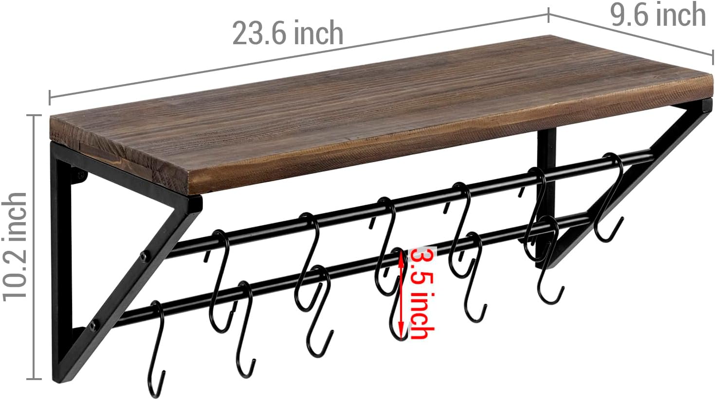 MyGift Urban Industrial Burnt Solid Wood Kitchen Floating Shelf with Black Metal Brackets for Pots and Pans with 12