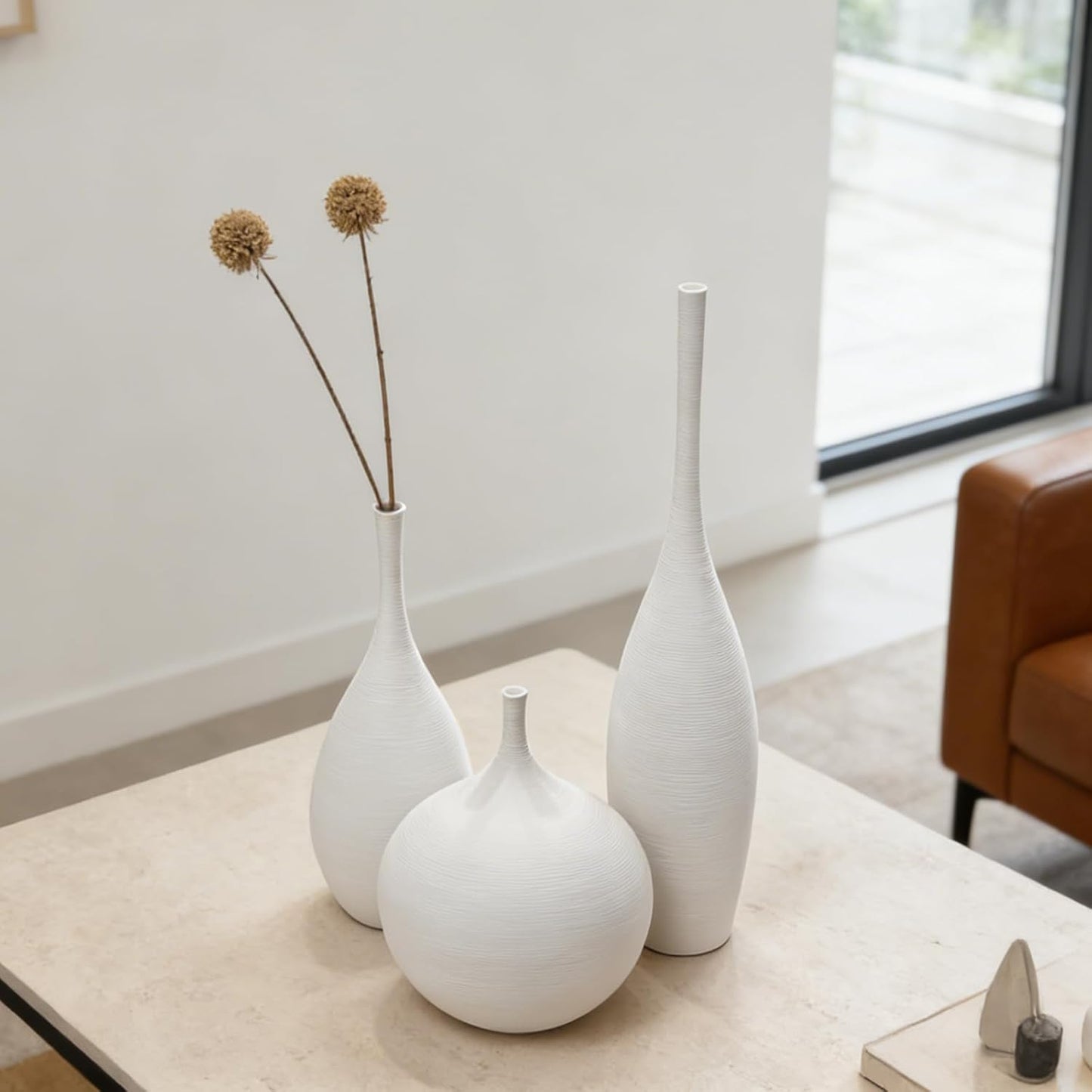 Ceramic Vase / Modern Boho Vases for Centerpiece Decor / White / Set of 3
