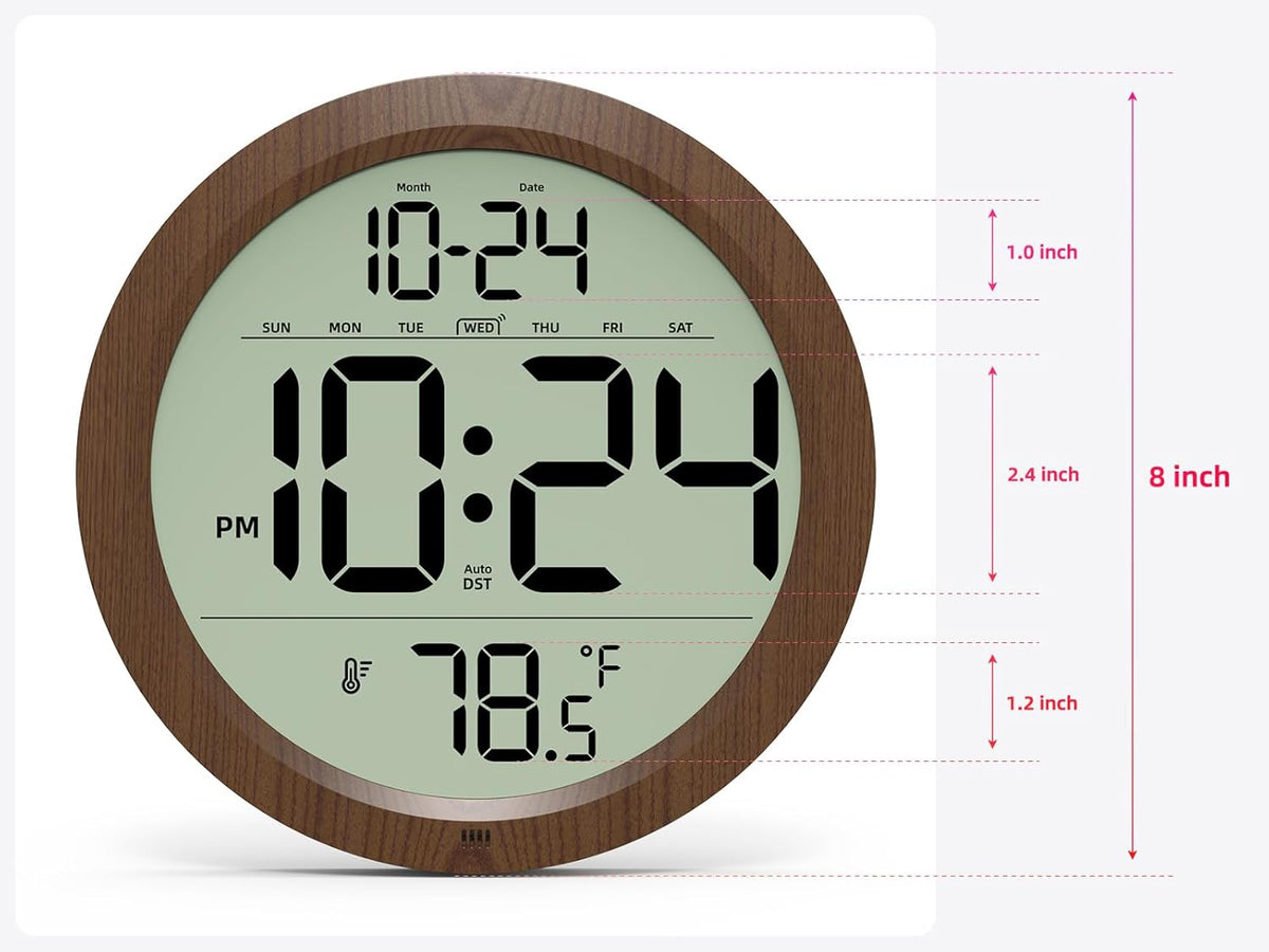 Digital Wall Clock Battery-Operated, 8 Inch Small Decorative Modern Wood Wall Clock with Date, Temperature, Auto-DST