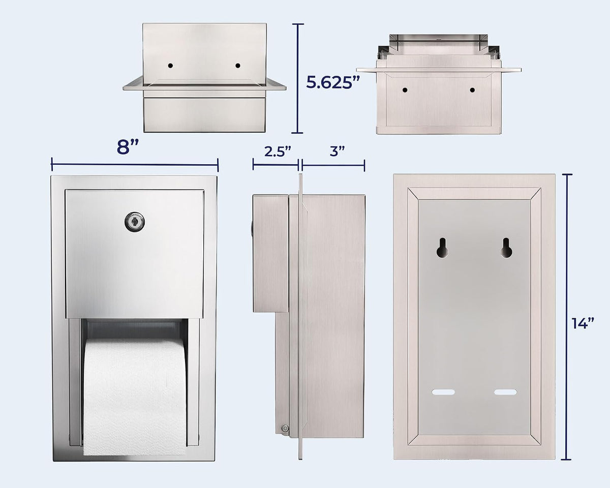 Recessed Commercial Toilet Paper Dispenser, 2 Roll Stainless Steel Toilet Paper Holder. Wall Mount, Locking Tissue