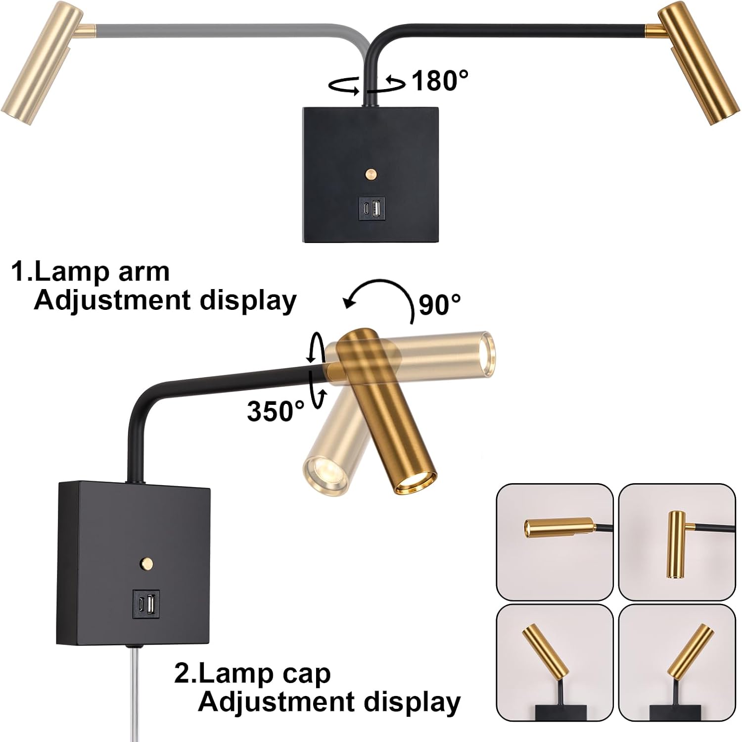 ZEROUNO LED Wall Lamp Wall Mounted Reading Lights, Dimmable Adjustable Headboard Plug in Wall Sconce with USB C+A