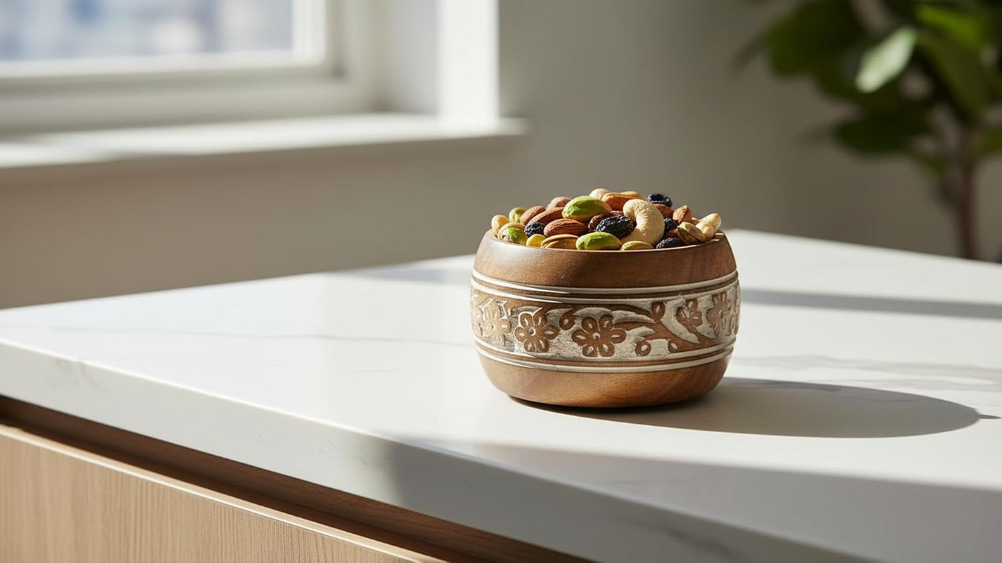 Handmade " Decorative Mango Wood Snack Serving Bowl For Dry Fruits Chips / White Wash Finish / 5 x 3