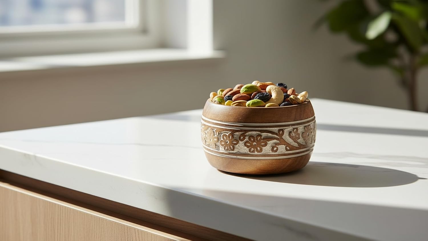 Handmade " Decorative Mango Wood Snack Serving Bowl For Dry Fruits Chips / White Wash Finish / 5 x 3