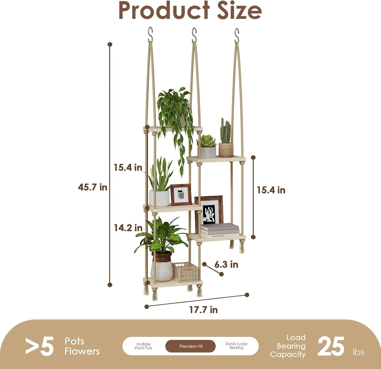 Hanging Shelves Plant Hanger Indoor Window Plant Shelves Wood Plant Wall Shelf Window Sill / 5tier