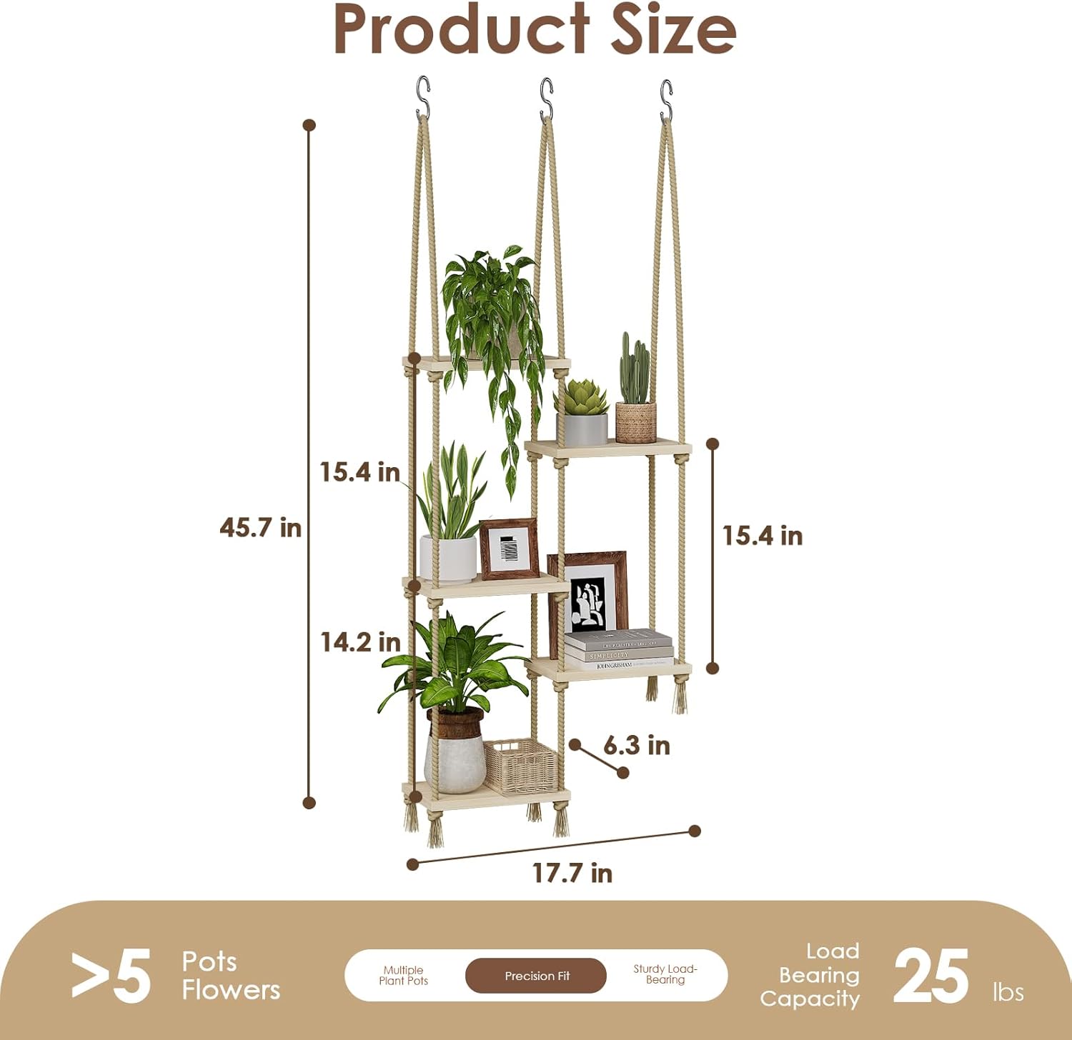 Hanging Shelves Plant Hanger Indoor Window Plant Shelves Wood Plant Wall Shelf Window Sill / 5tier