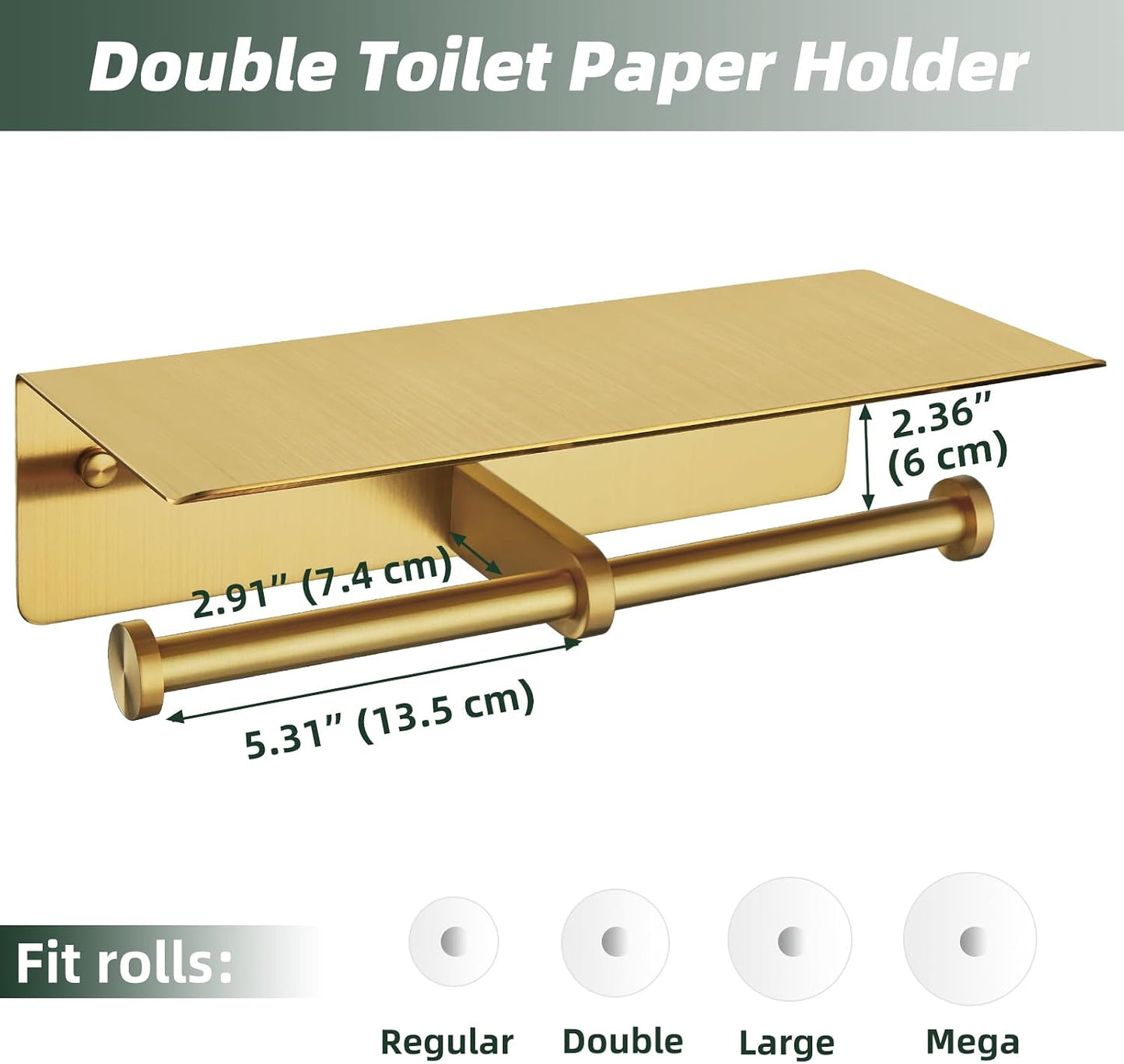 APLusee Double Roll Toilet Paper Holder, Brushed Gold, 304 Stainless Steel | Wide Utility Shelf, Phone & Wet Wipe