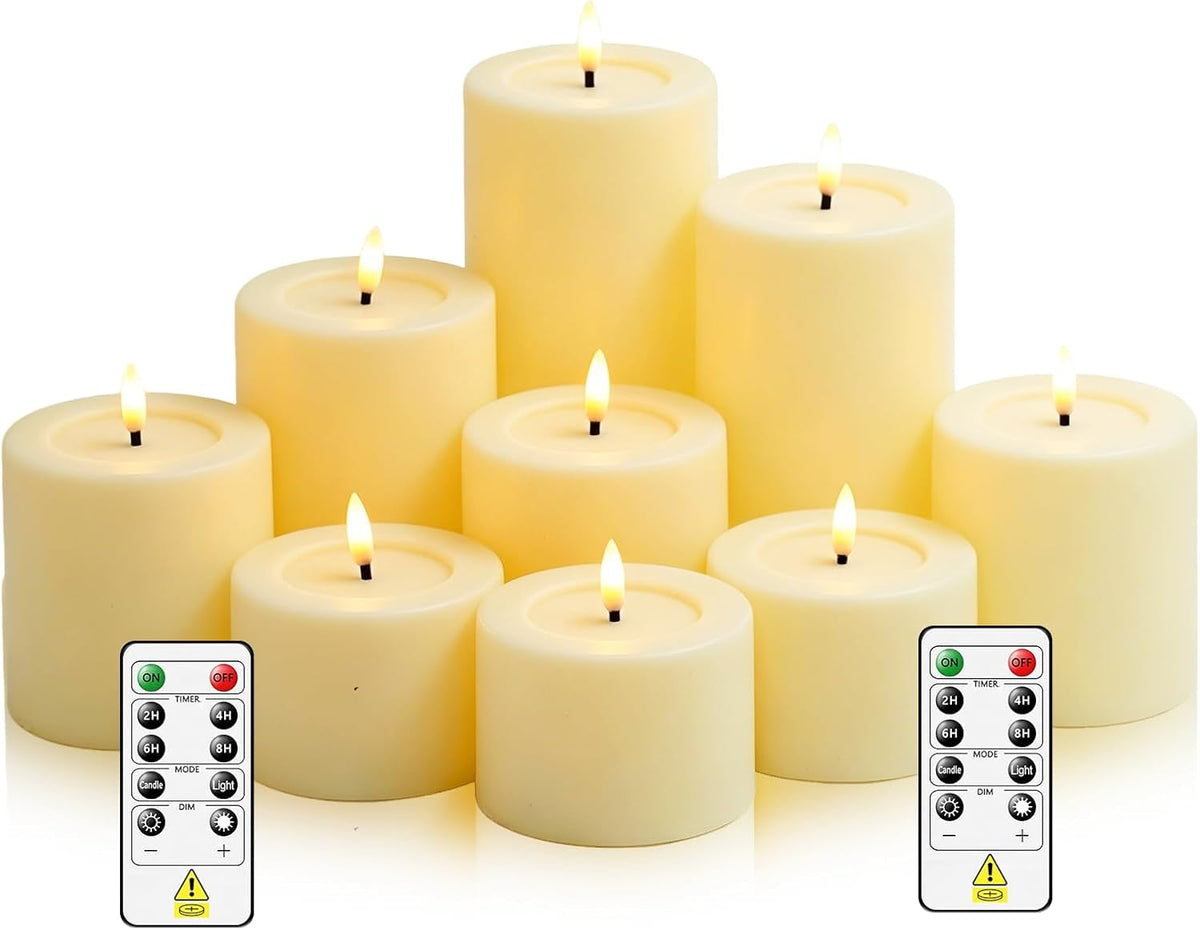 Sasigeiaa Flameless Candles with Remote - 9 Pack Battery Operated LED Fake Candles, Ivory (D3 x H3/4"/5"/6"/7" Assorted) for Festival, Home, Party Decor