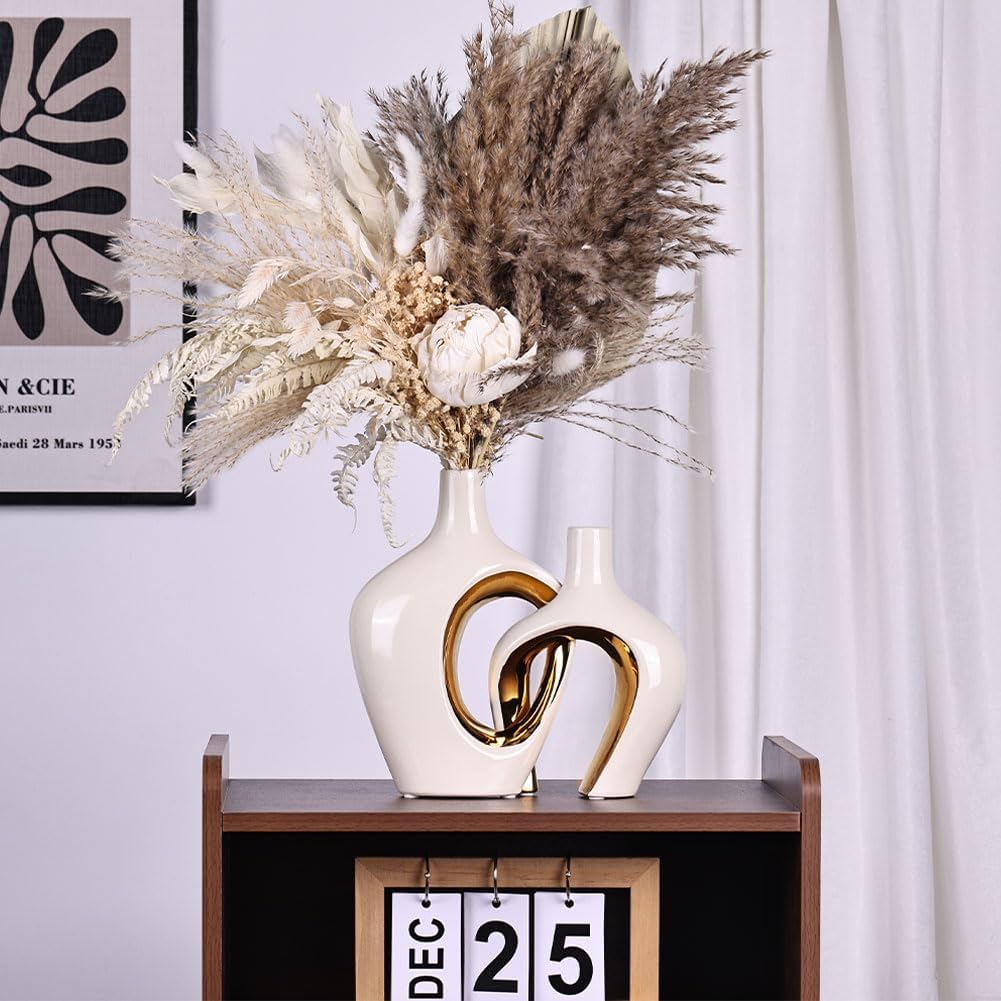 Ceramic Vase / Modern Donut & Hollow Style / White and Gold / Set of 2