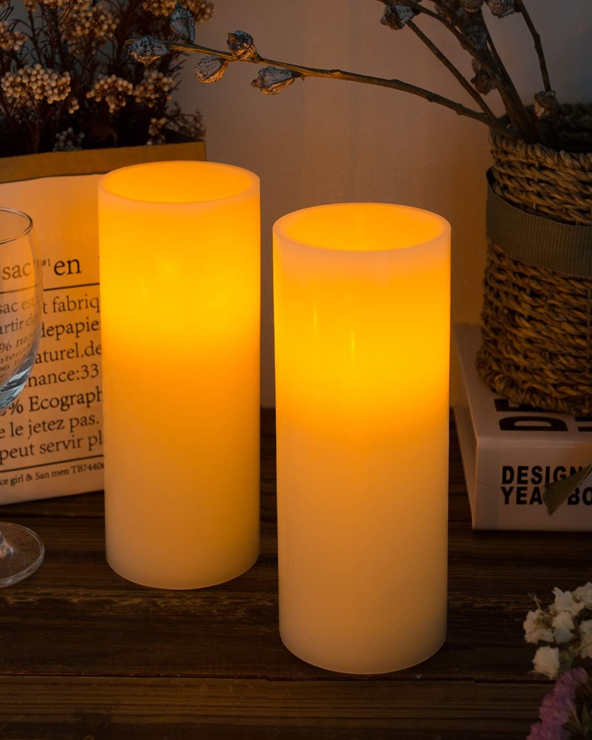 Homemory Real Wax Flickering Flameless Candles Battery Operated, 9" x 3" | LED Pillar Candles with Timers and 2 Remote