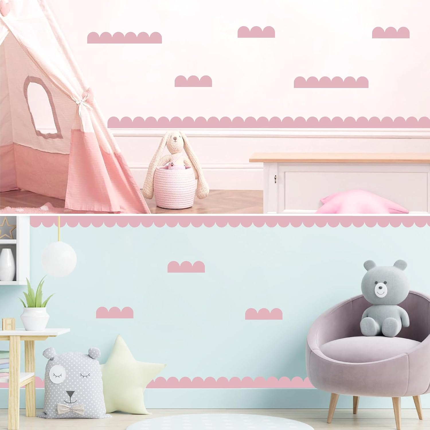 Scallop Border Wall Decals Semi Circle Wall Stickers Geometric Pattern Decal Scalloped / Pink