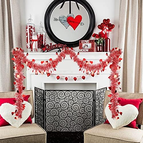 FOIMAS 33FT Valentine's Day Tinsel Garland,Heart Metallic Twisted Hanging Garland for Home Wedding Decoration Party Supply,Red & White