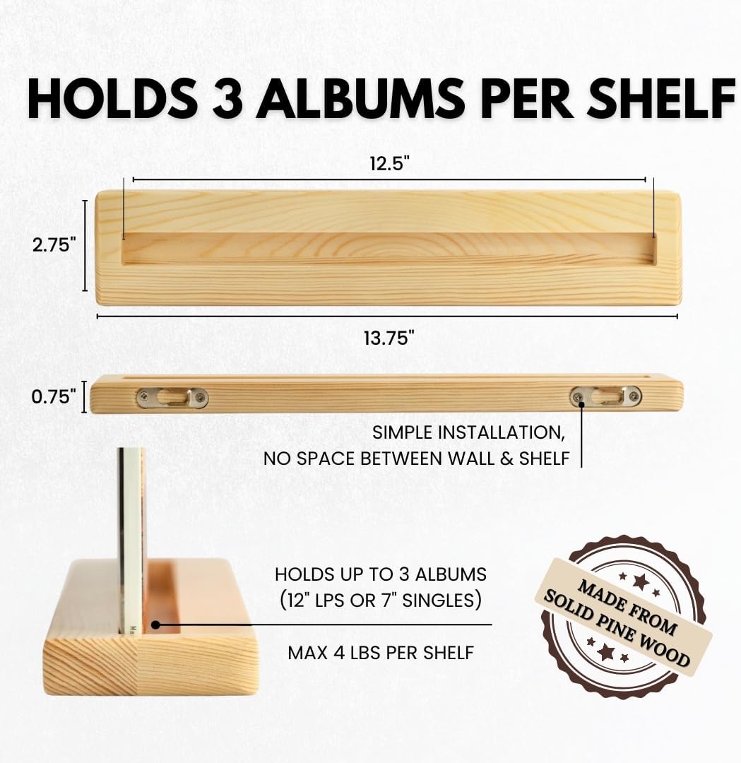 Vinyl Record Display Shelf - Set of 8 Floating LP Album Shelves for Wall Display - Solid Pine Wood - Wall Mount