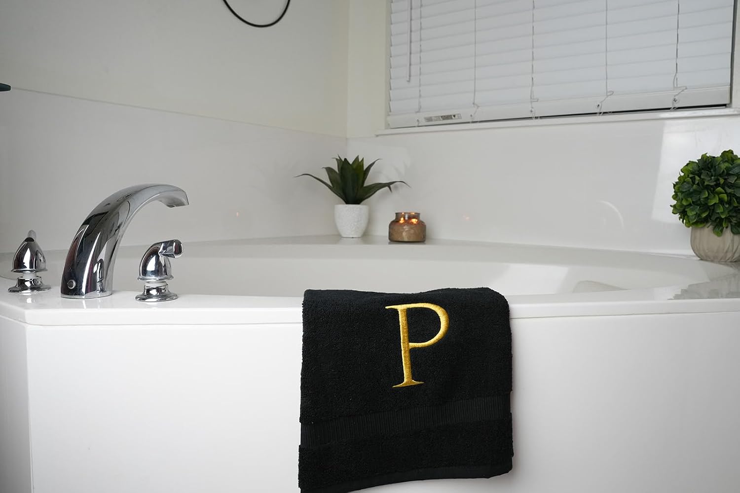 Black with Gold Monogrammed Hand Towels for Bathroom - Set of 2 Letter N | Luxury Hotel Quality Initial Towels For