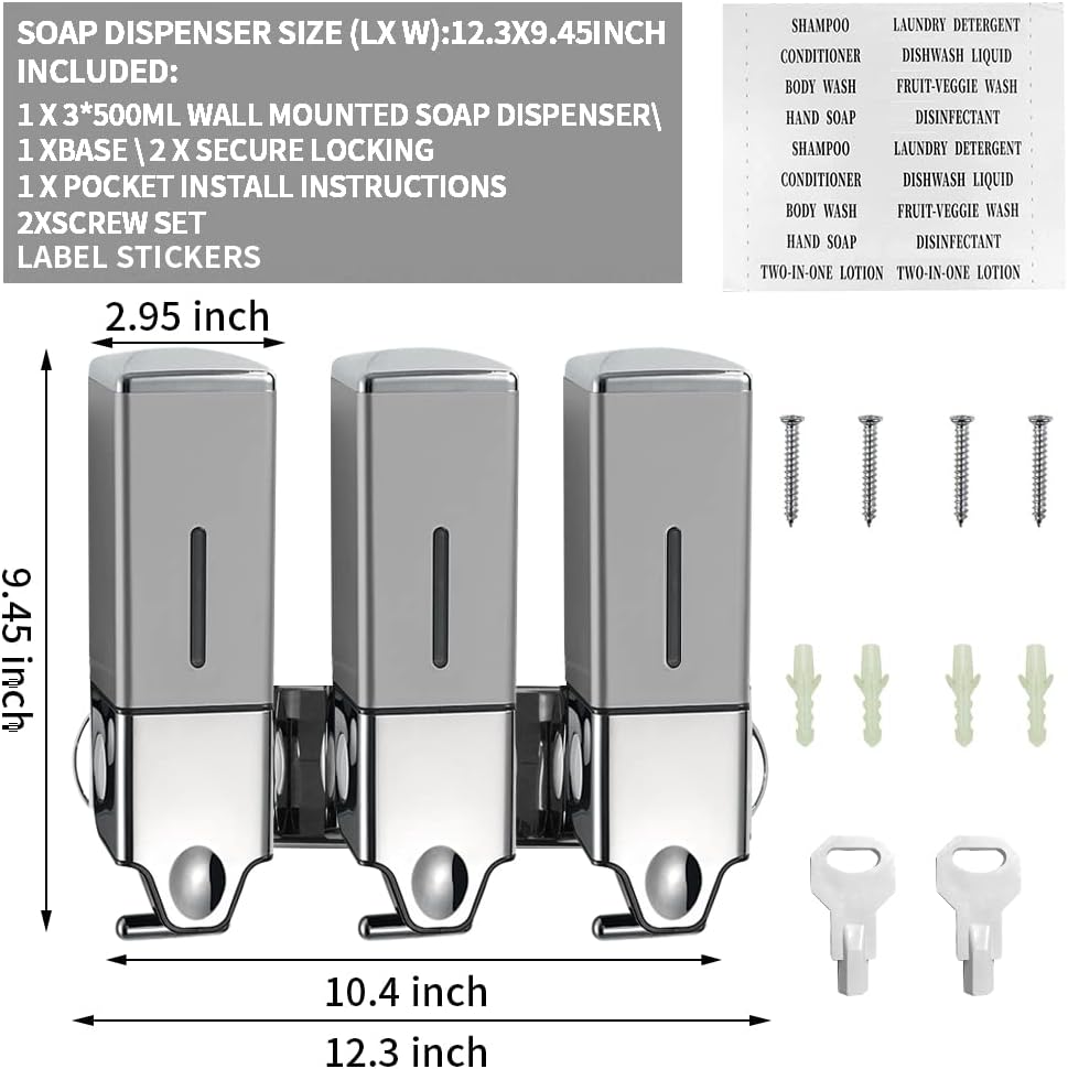 3 x 500ml per Cup Wall Mounted Manual Soap Dispenser for Home, Bath, Kitchen, Hotels, Restaurants. Shower and Lotion