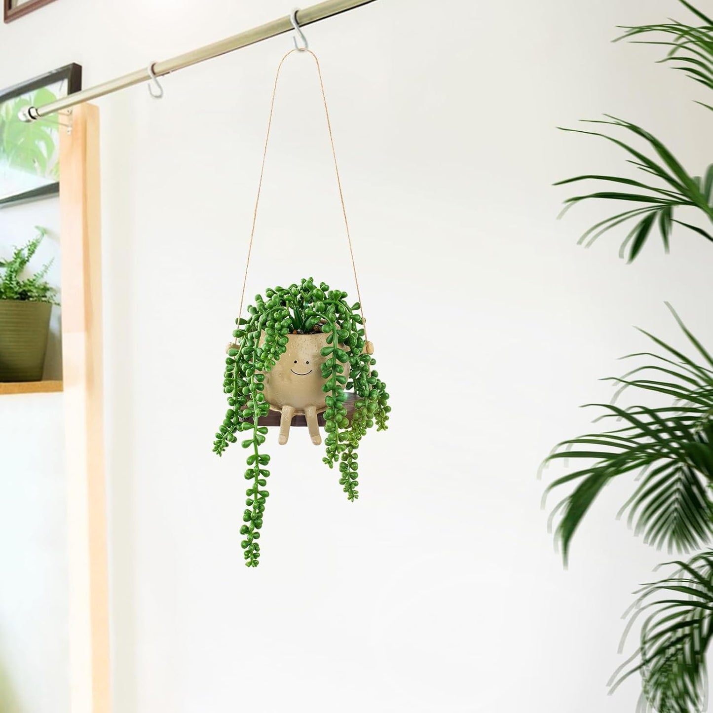 Artificial Hanging String of Pearls Succulent in Smiley Face Swing Planter / Hanging Succulents