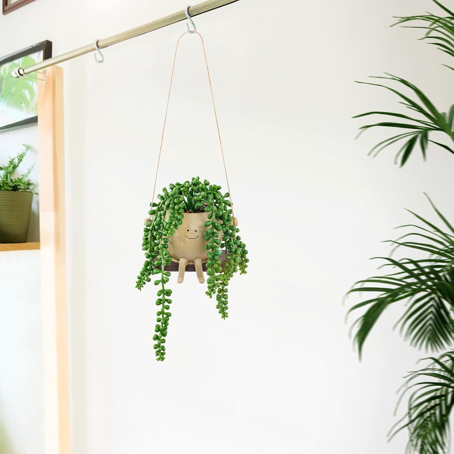 Artificial Hanging String of Pearls Succulent in Smiley Face Swing Planter / Hanging Succulents
